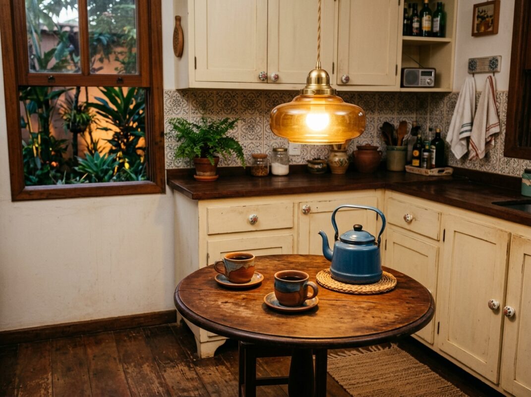 Cozinha vintage à noite com pendente retrô aceso, mesa pequena e chaleira esmaltada