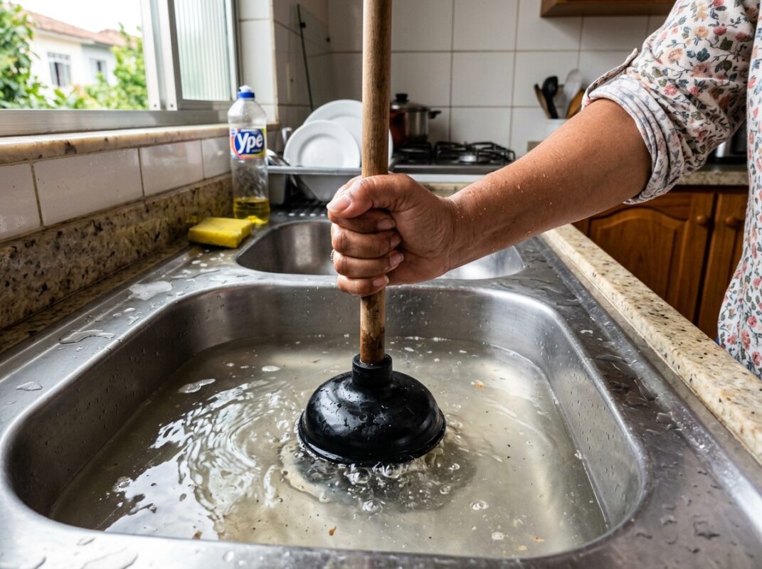 Pessoa usando desentupidor de borracha na pia da cozinha
