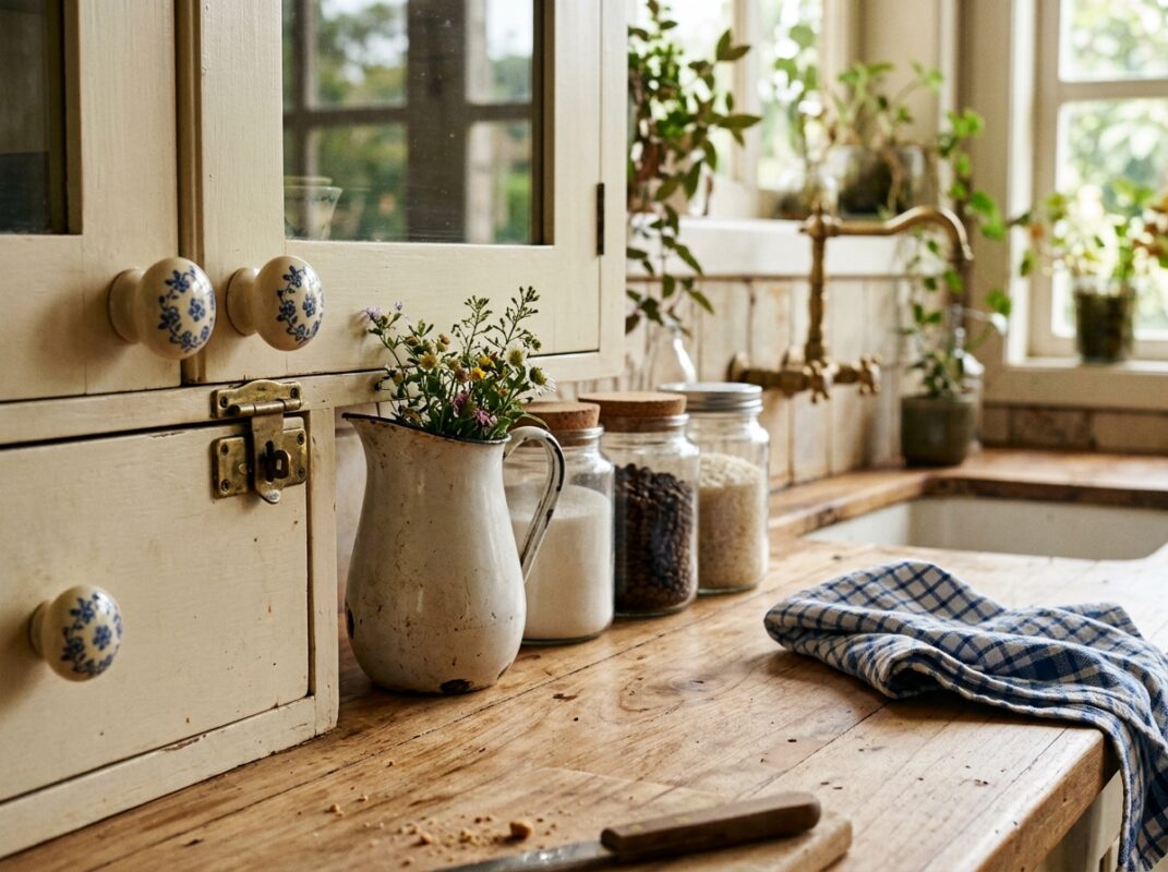 Detalhes de cozinha vintage com puxadores de cerâmica, jarra esmaltada e pano de prato xadrez