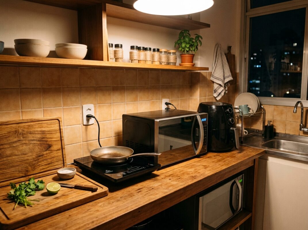 Eletrodomésticos compactos organizados na bancada de uma cozinha de kitnet