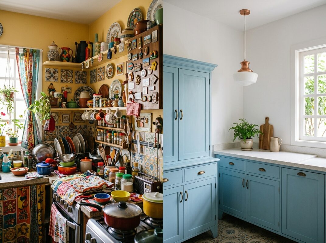 Contraste entre excesso de objetos e cozinha vintage equilibrada com armário azul e pendente retrô