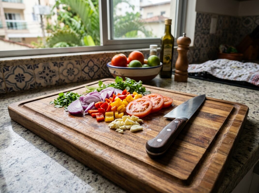 Faca de chef e tábua de corte usadas no preparo diário