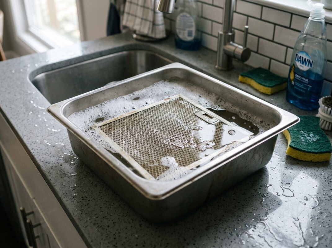 Filtro da coifa de molho em água quente com detergente