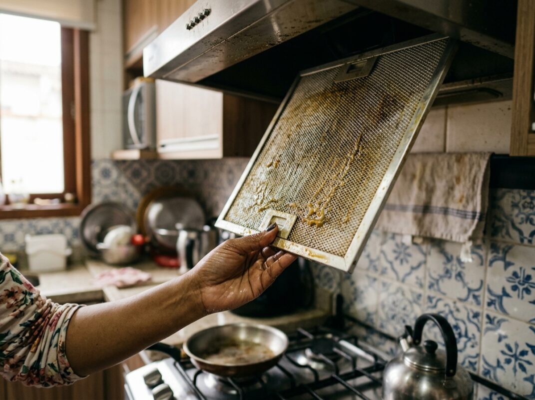 Filtro de alumínio da coifa sendo retirado para limpeza, Como Limpar a Coifa da Cozinha