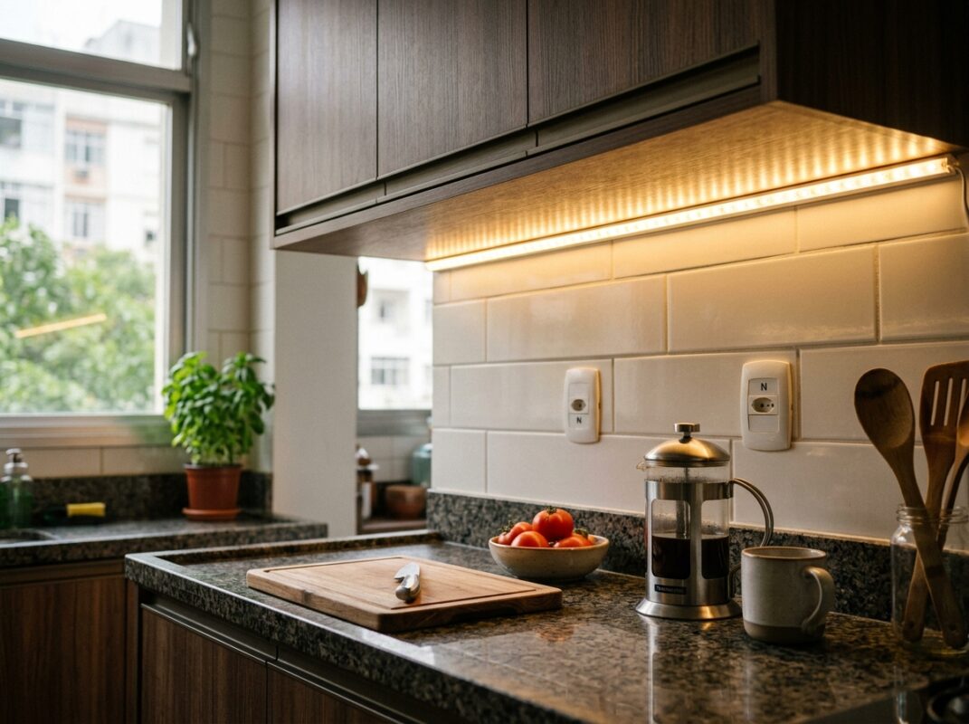fita de LED instalada sob armário iluminando a bancada, iluminação de cozinha pequena