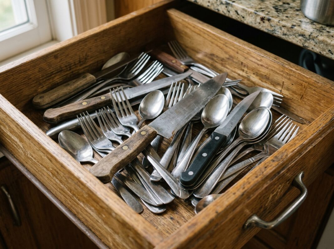 Gaveta de cozinha com facas soltas misturadas a outros talheres, Organizar Facas de Cozinha