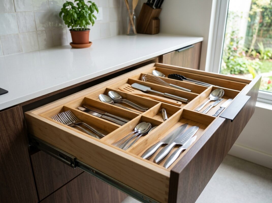 Gaveta de cozinha modulada organizada com divisórias para utensílios