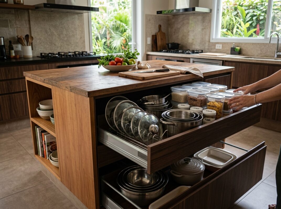 ilha de cozinha com gavetas organizadas substituindo armário superior