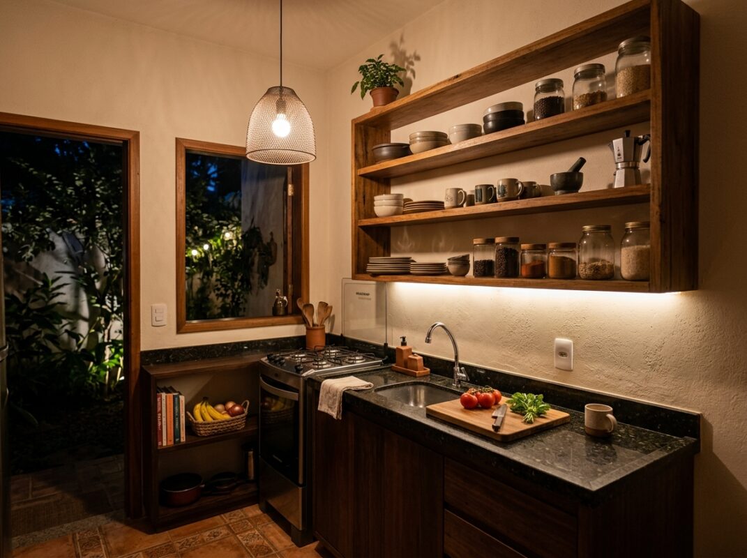 cozinha pequena com iluminação noturna aconchegante