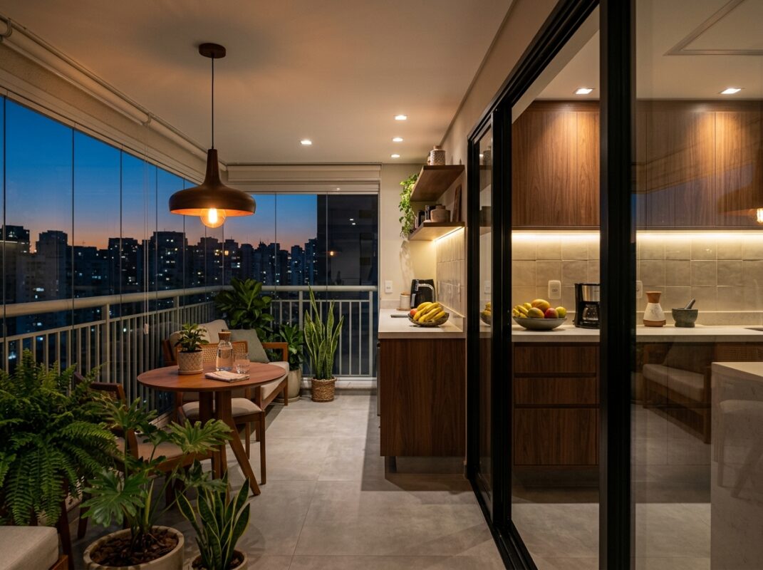 Cozinha e varanda integradas à noite com iluminação em camadas e piso contínuo cinza