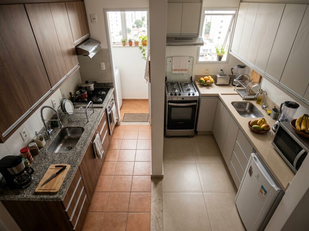 Comparação entre layout linear e em L em cozinhas compactas de apartamento pra casal