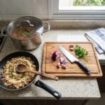 Utensílios essenciais de cozinha organizados sobre a bancada