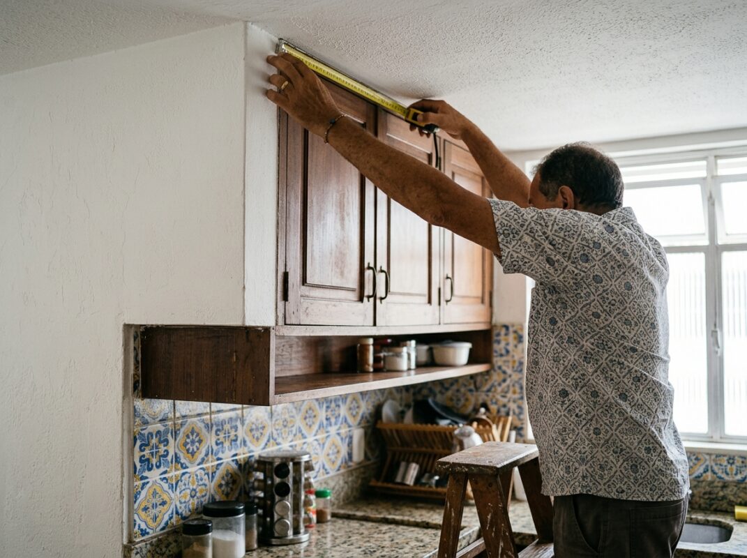 Pessoa medindo com trena o vão entre armário e teto na cozinha antes de escolher a solução