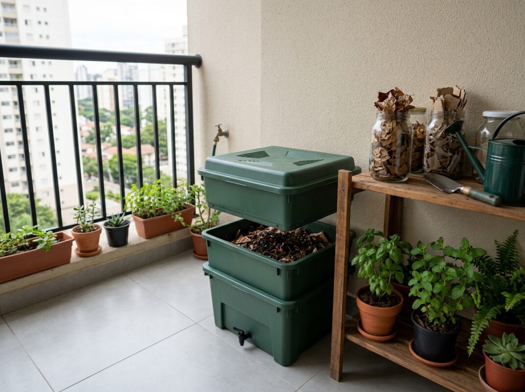 Minhocário de caixas empilháveis em varanda ventilada de apartamento, com potes de material seco ao lado