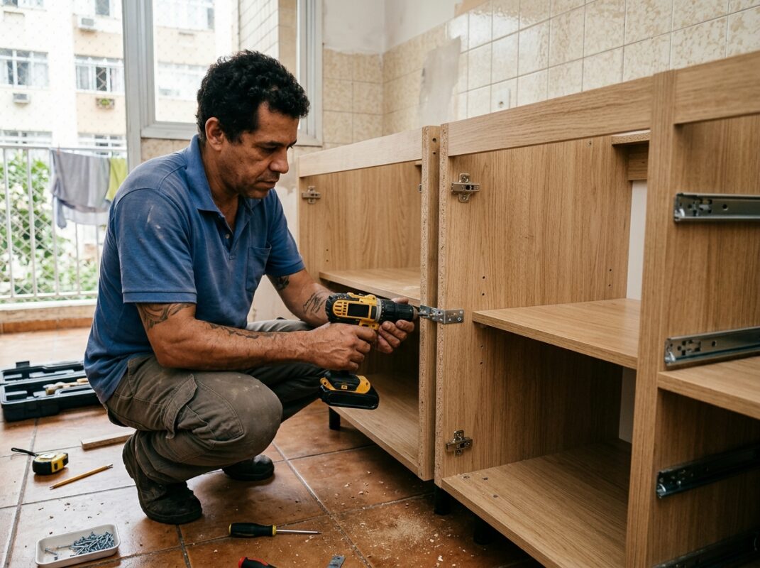 Módulos de armário de cozinha posicionados lado a lado antes da instalação