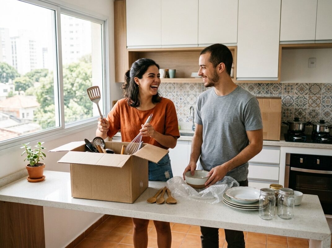 Casal desembalando utensílios de cozinha em apartamento novo
