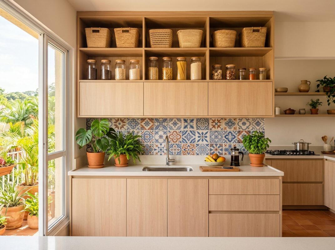 Nichos abertos com cestos padronizados aproveitando o vão acima dos armários da cozinha