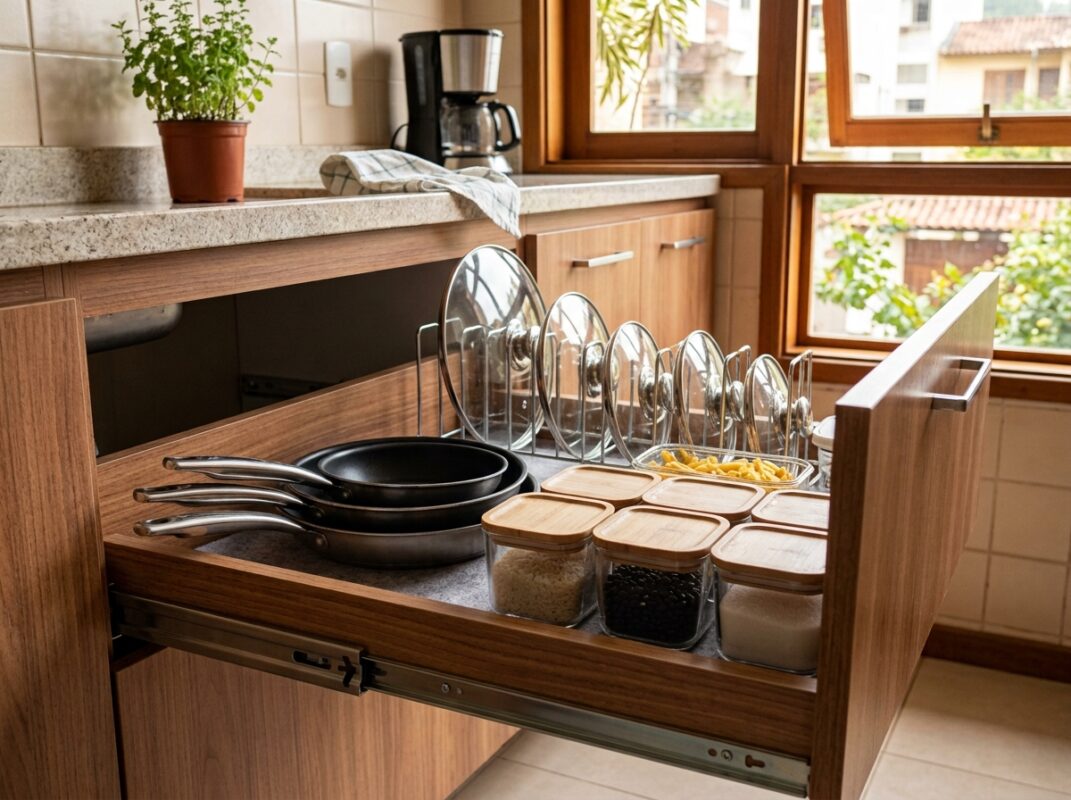 Gaveta de cozinha organizada com panelas empilháveis e tampas em suporte vertical