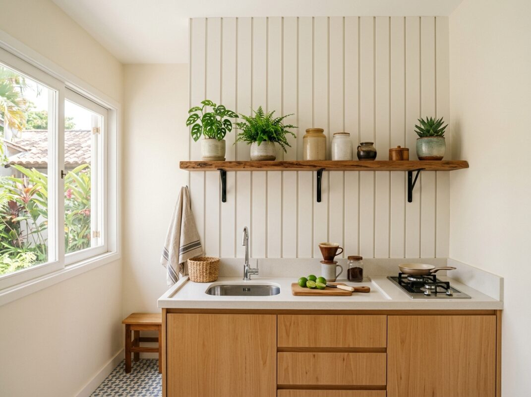 Cozinha pequena com painel ripado branco tom sobre tom, prateleira de madeira e vasos de plantas