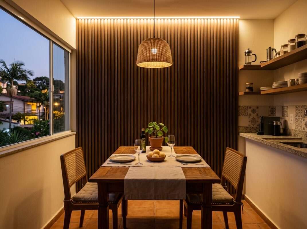 Painel ripado na cozinha iluminado com fita de LED quente realçando as sombras entre as ripas