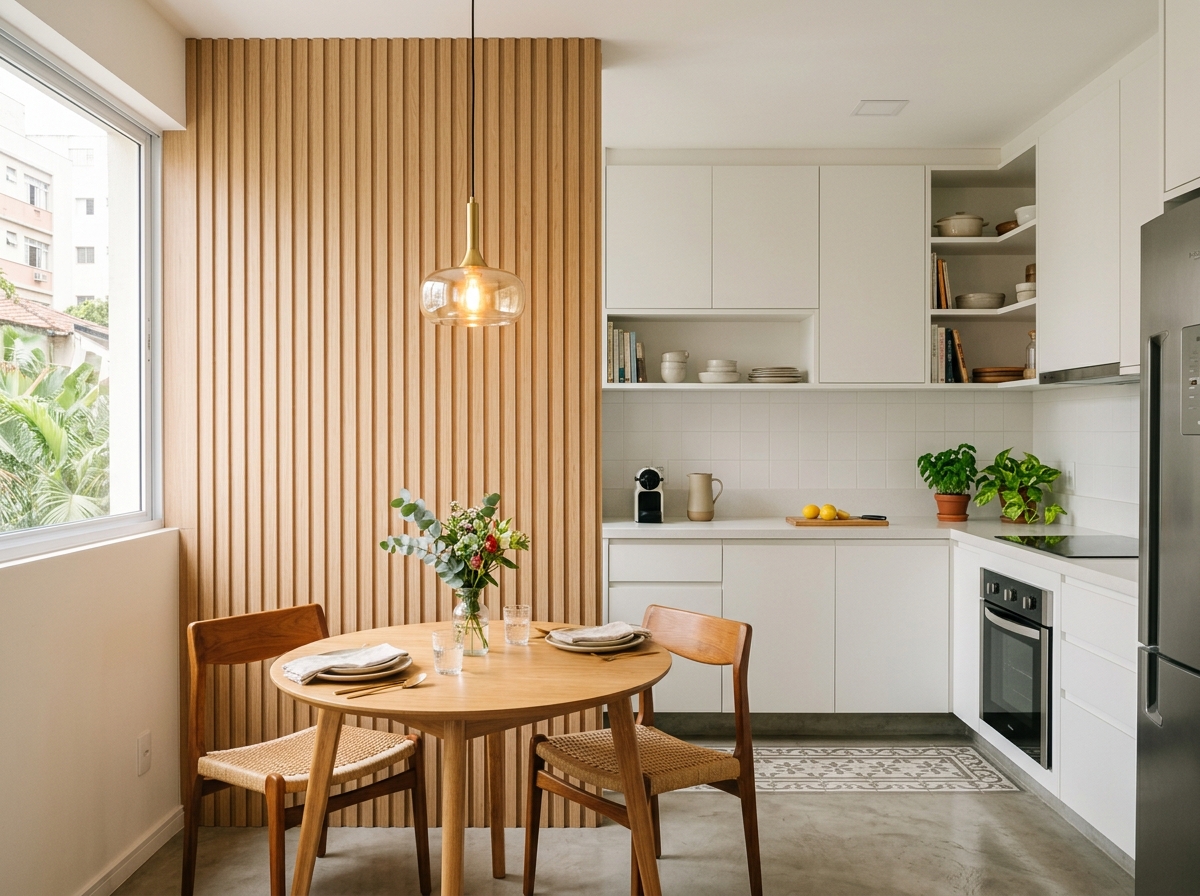 Painel ripado na cozinha em madeira clara atrás da mesa de refeições de um apartamento brasileiro