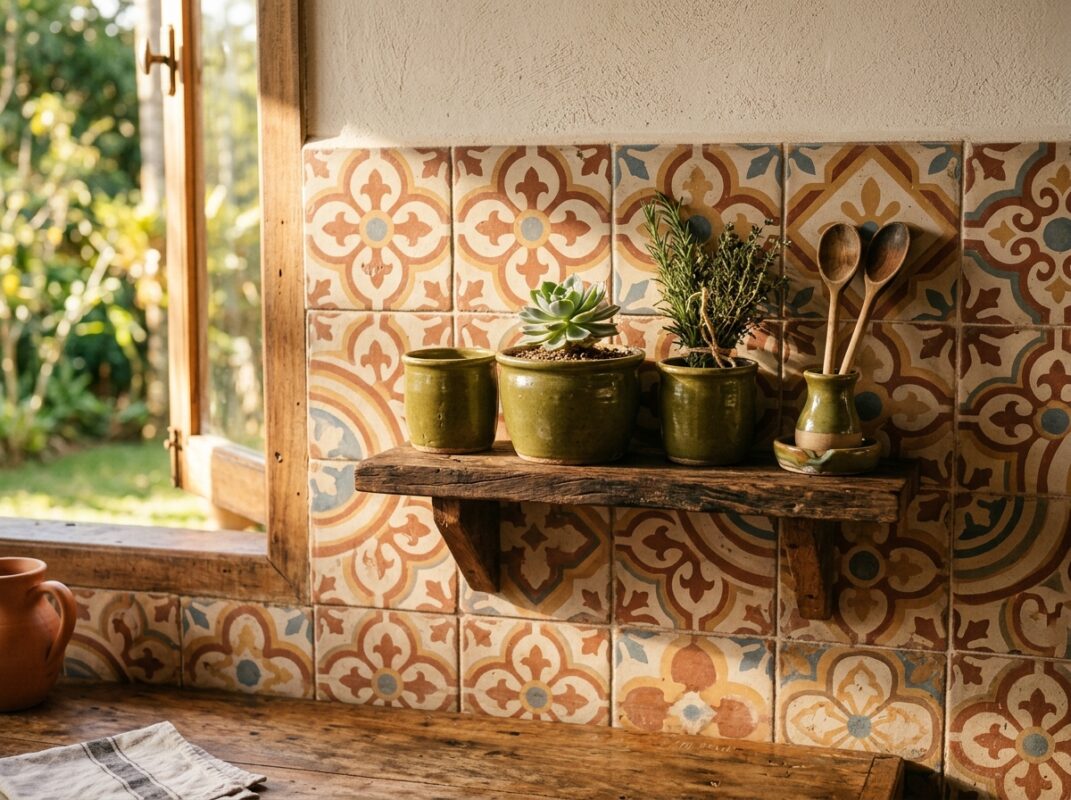 Paleta terrosa em cozinha boho com azulejo estampado em terracota e creme