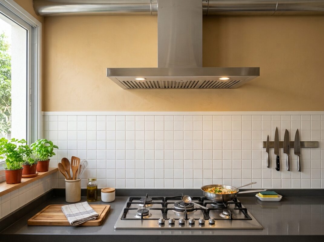 Parede atrás do fogão com revestimento na parte baixa e tinta lavável para cozinha em tom areia acima