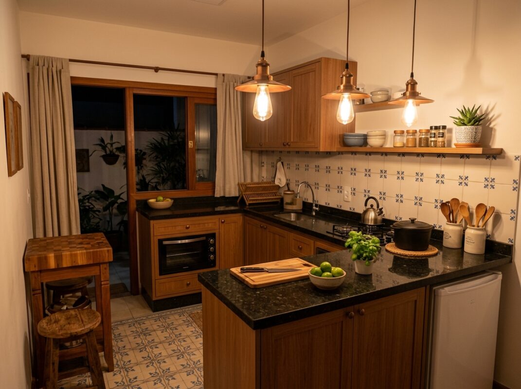 pendente iluminando bancada de cozinha compacta