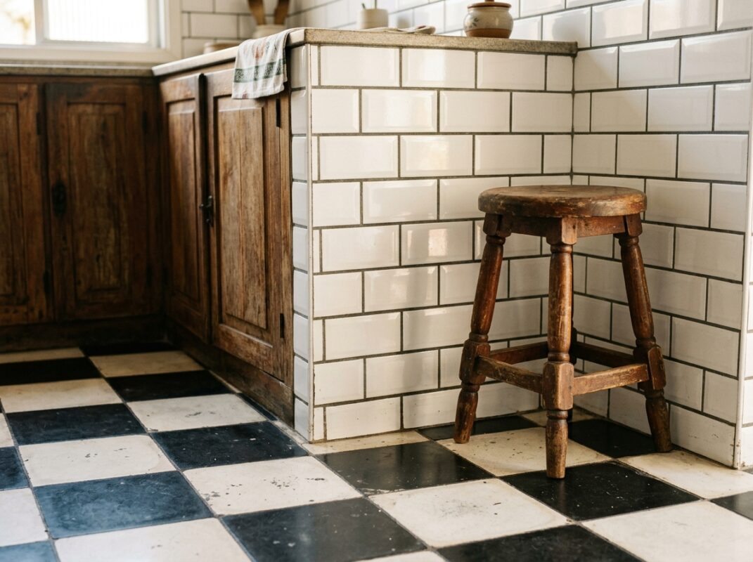 Piso xadrez preto e branco com azulejo metrô em cozinha vintage brasileira