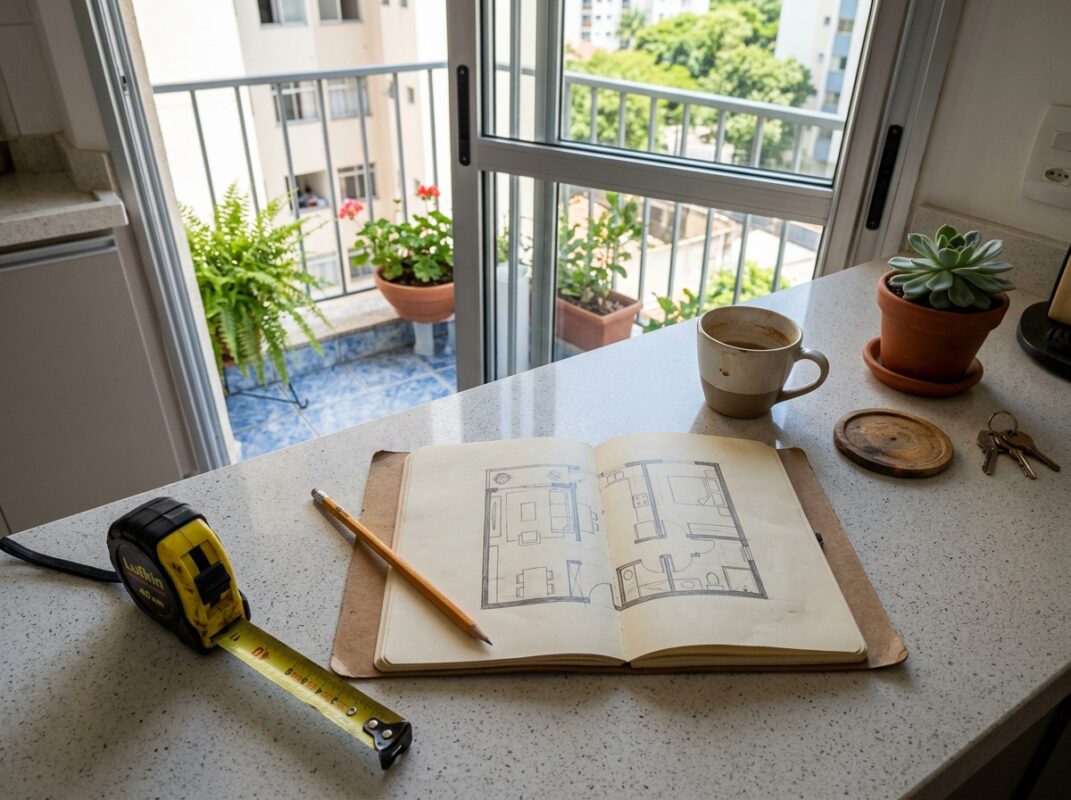 Fita métrica e caderno com croqui de planta sobre a bancada, em planejamento de cozinha integrada com varanda