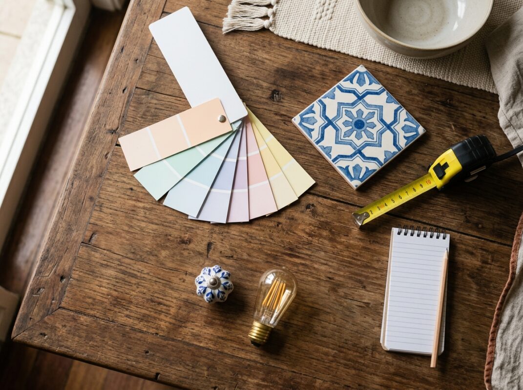 Amostras de cores pastel, azulejo e puxador usadas pra planejar uma cozinha vintage