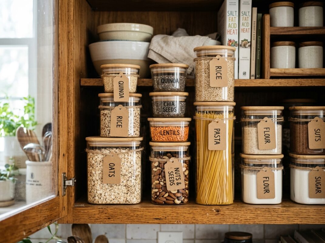Potes herméticos empilhados organizando alimentos no armário