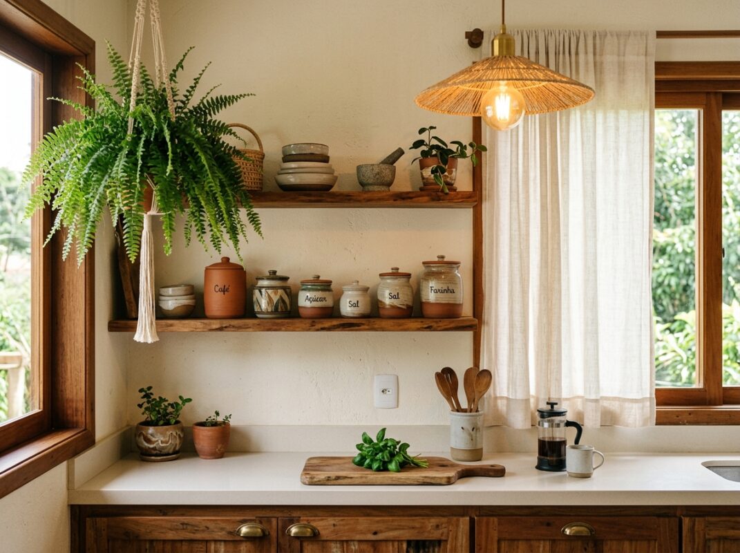 Prateleira aberta organizada em cozinha boho com cerâmicas agrupadas e samambaia