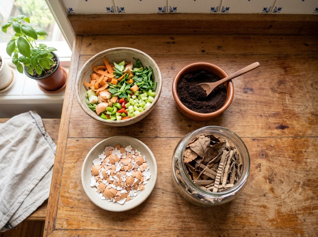 Restos de legumes picados, borra de café, casca de ovo triturada e material seco prontos para a composteira