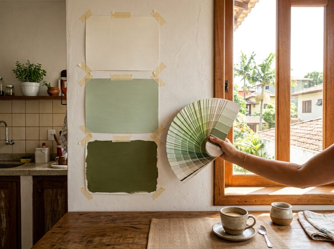 Amostras grandes de tinta coladas na parede da cozinha para testar a combinação de duas cores
