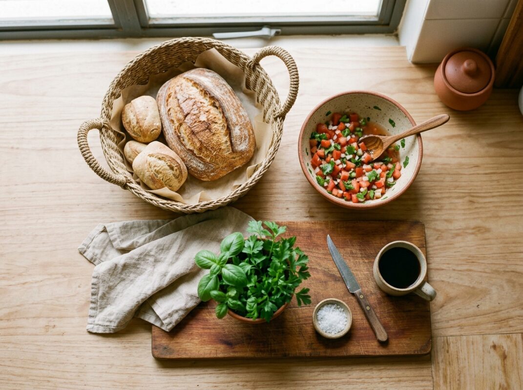 Texturas naturais em cozinha boho: cesto de fibra, cerâmica, linho e tábua de madeira