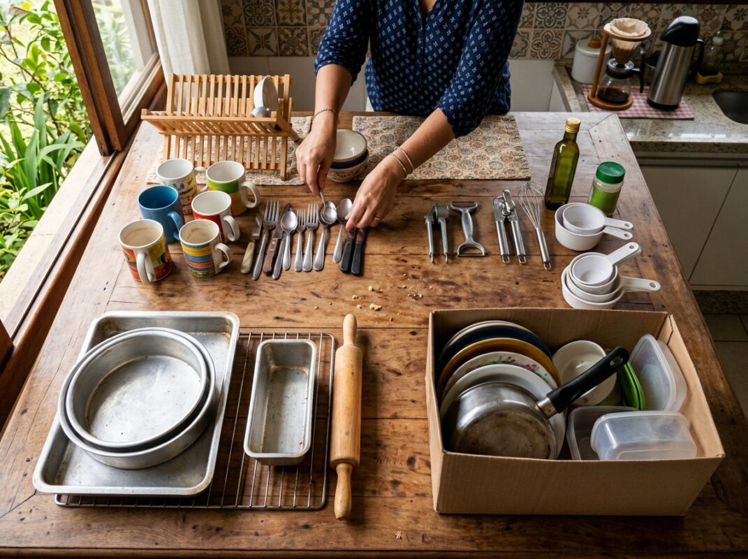 Utensílios de cozinha separados por frequência de uso durante a triagem