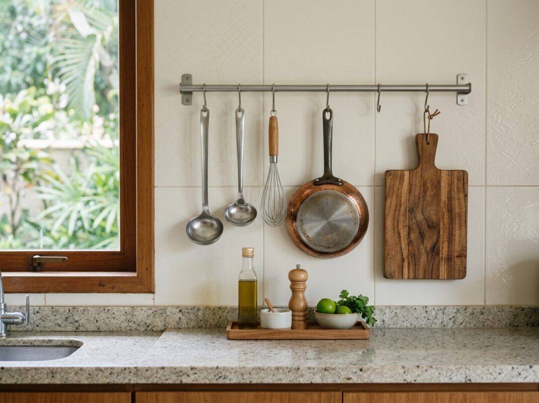 Trilho de parede na cozinha com utensílios pendurados e bancada livre