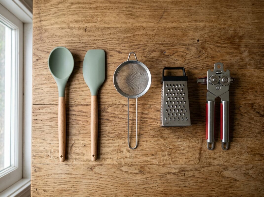 Utensílios de preparo organizados sobre a bancada da cozinha