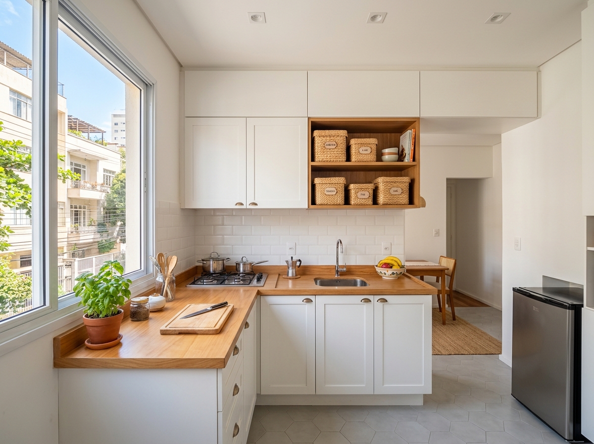 Cozinha de apartamento com o vão entre armário e teto na cozinha aproveitado por portas altas e nichos com cestos