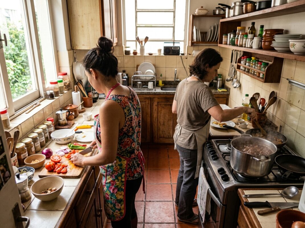 Casal cozinhando junto em cozinha compacta, com zona de preparo e zona de cocção separadas