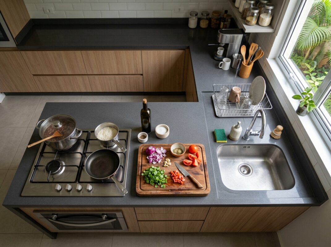 Zonas de uso organizadas em cozinha planejada