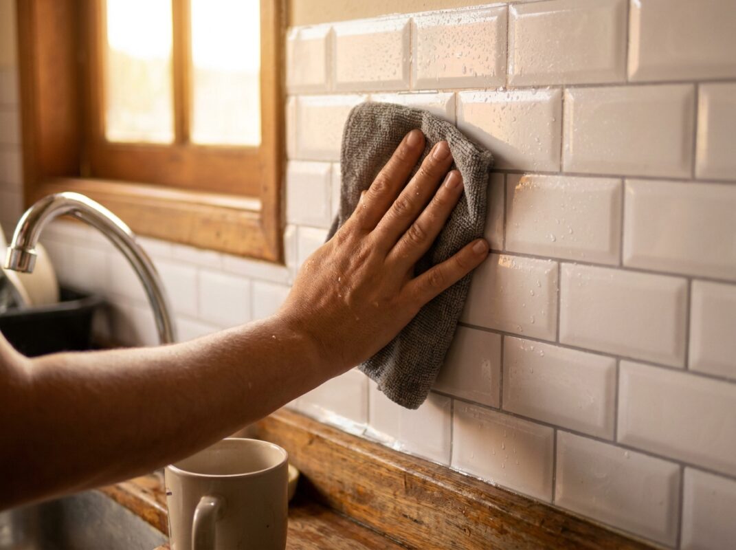 Mão limpando adesivo imitando azulejo atrás da pia com pano úmido