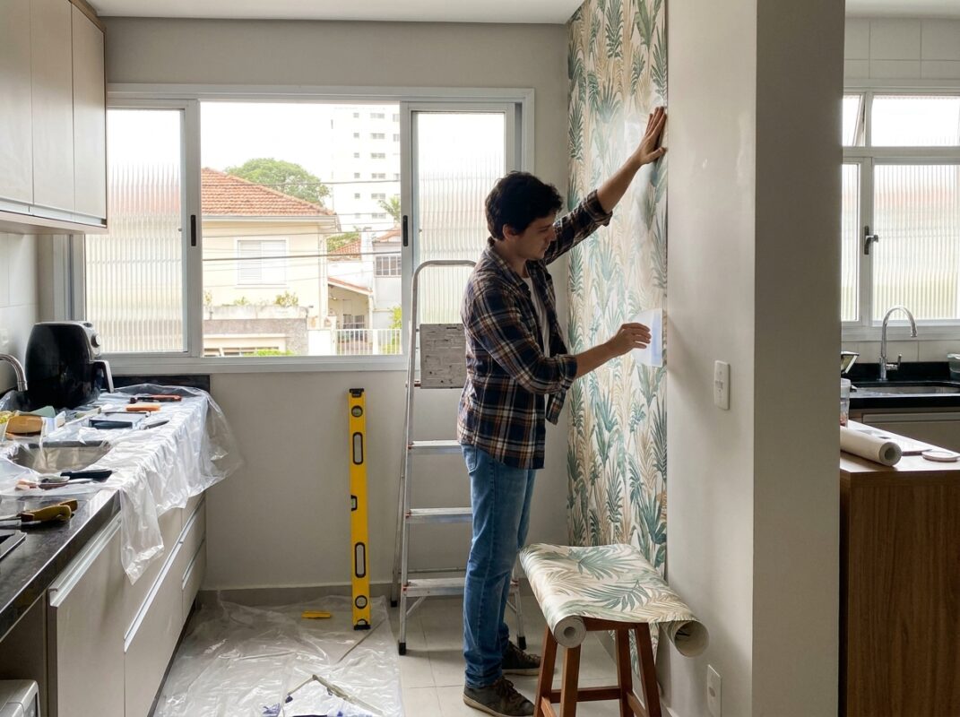 Pessoa aplicando papel de parede na parede lateral da cozinha com espátula
