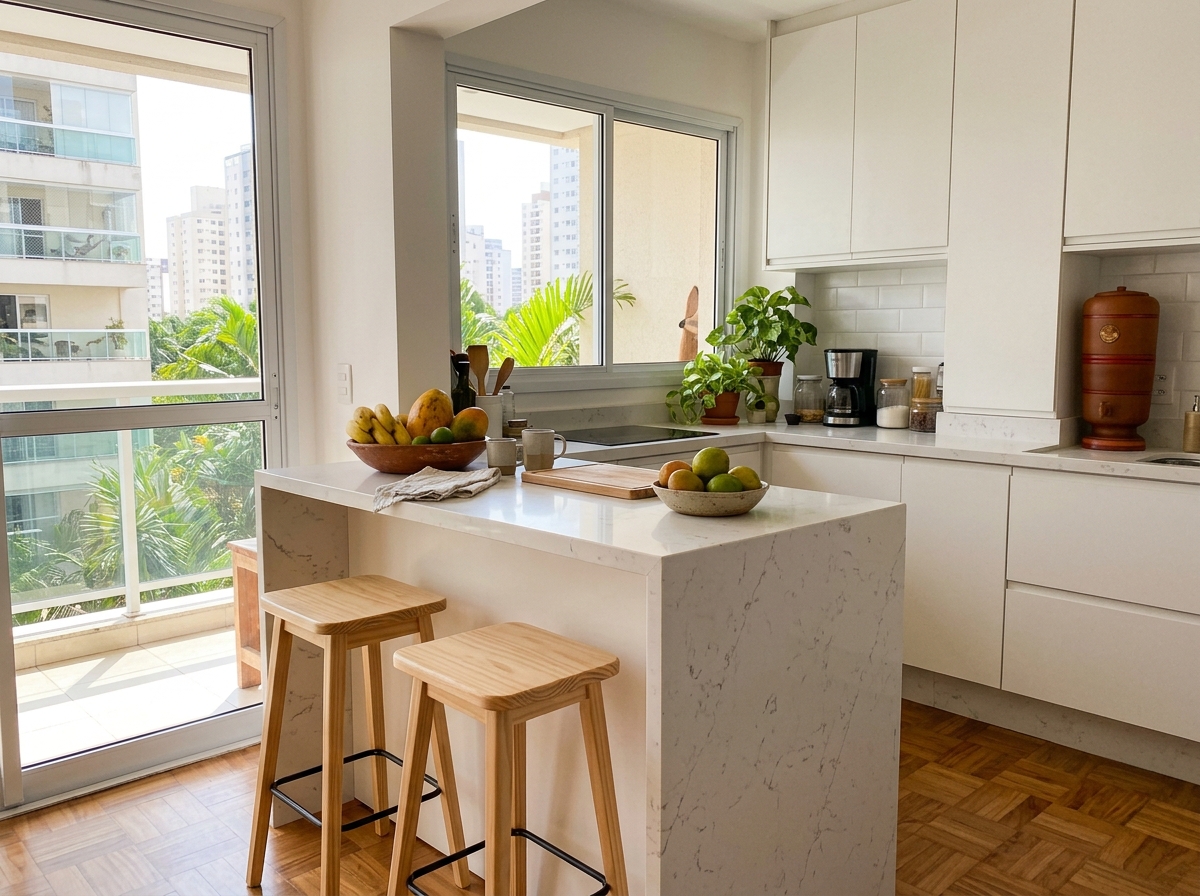 Banqueta para cozinha americana de madeira com apoio de pés, posicionada sob balcão de apartamento brasileiro