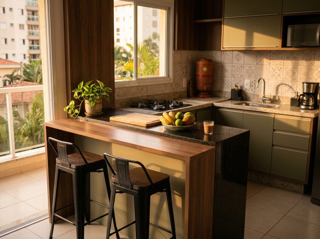 Banquetas para cozinha americana recolhidas sob o balcão em cozinha organizada