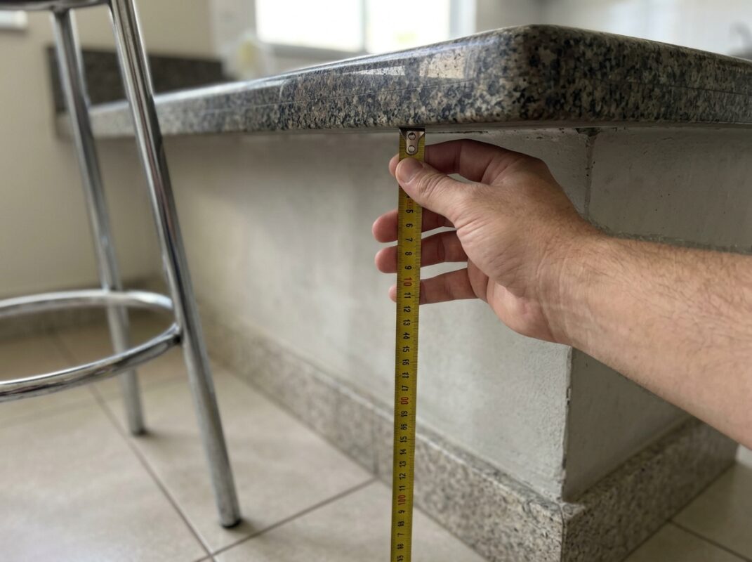 Medição da altura do balcão com trena para escolher a banqueta para cozinha americana