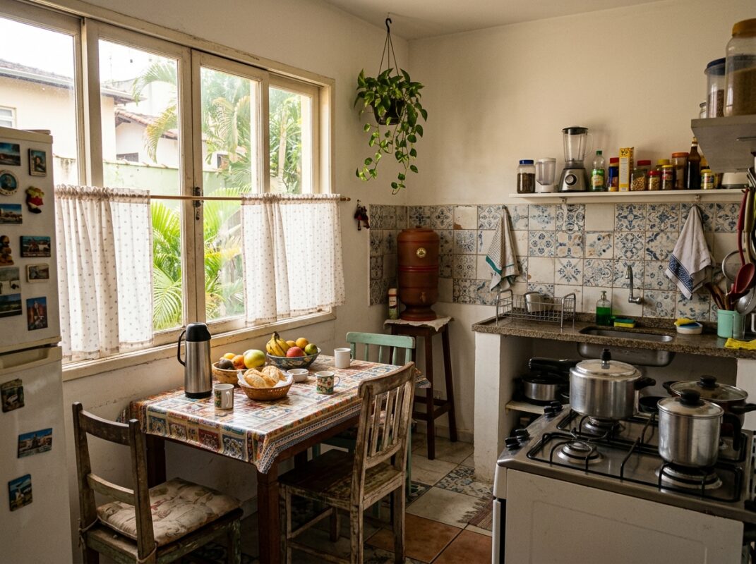 Cortina curta de poliéster na janela de uma cozinha, longe do fogão, ao lado da mesa de refeições