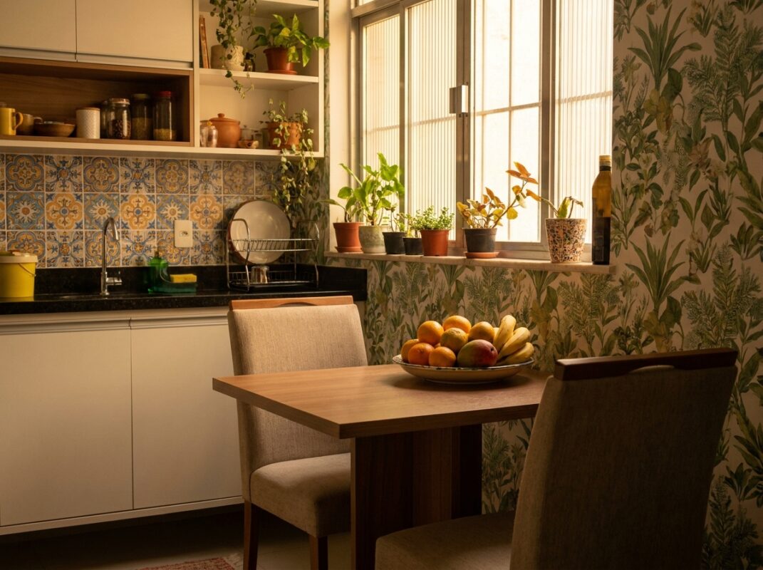 Cozinha pronta com papel de parede na copa e adesivo de azulejo atrás da pia