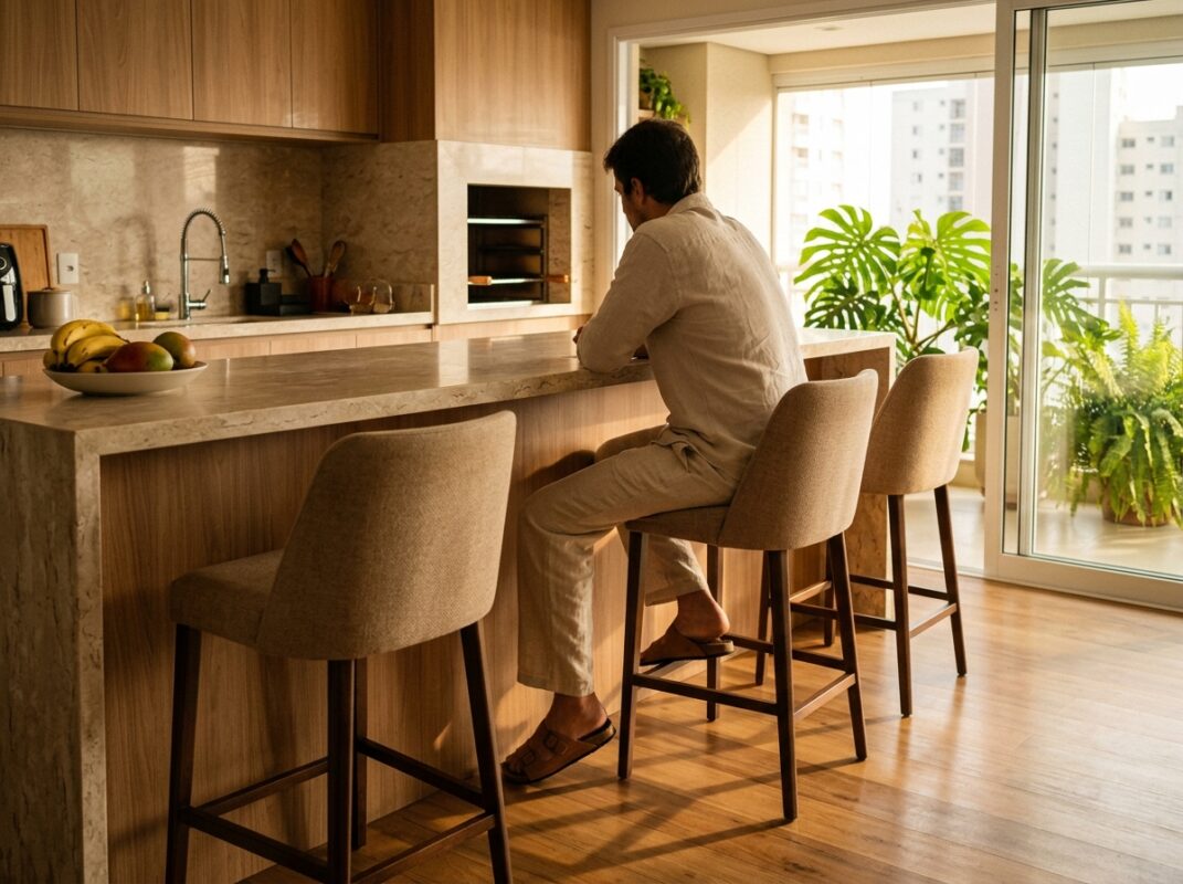 Três banquetas para cozinha americana com espaçamento adequado em balcão de apartamento